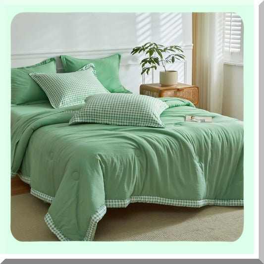 Green Buffalo Check Plaid 7-Piece Queen Comforter Set - Lightweight Soft Comforter with Pillow Shams and Sheets for Queen Size Bed