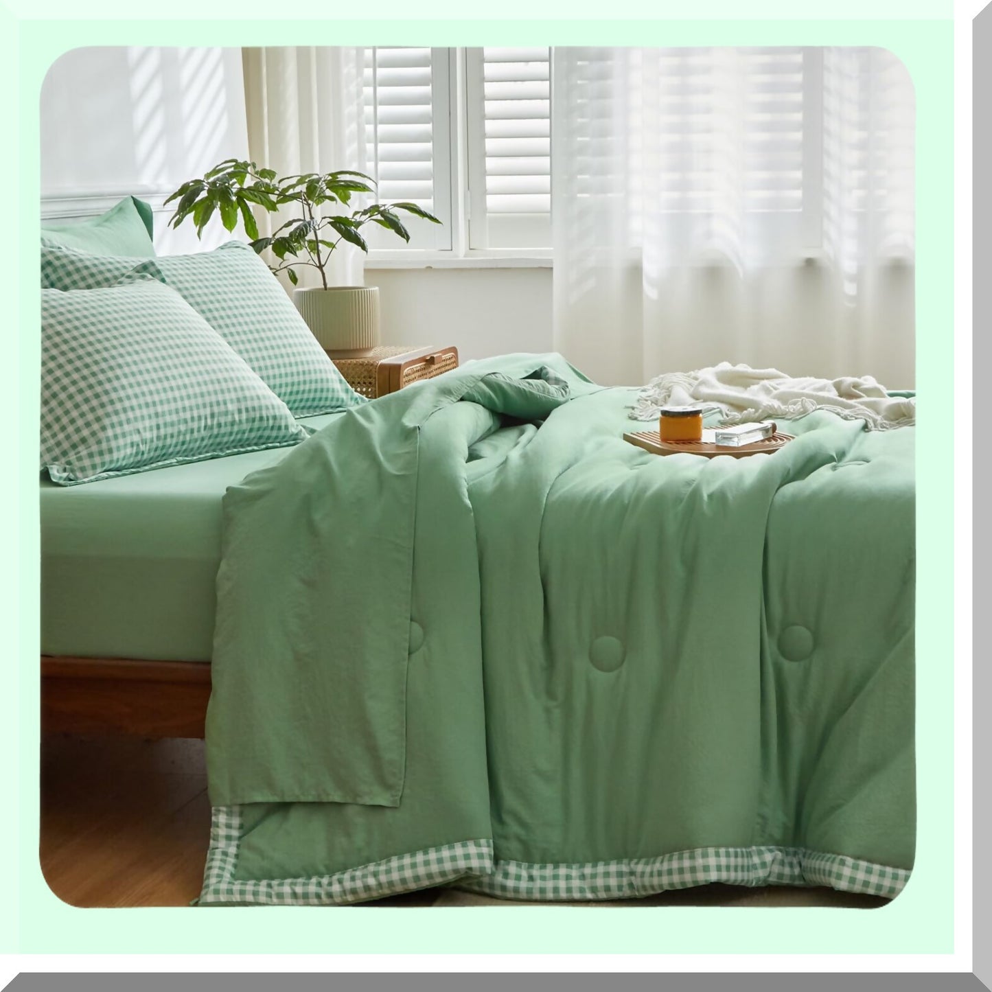 Green Buffalo Check Plaid 7-Piece Queen Comforter Set - Lightweight Soft Comforter with Pillow Shams and Sheets for Queen Size Bed