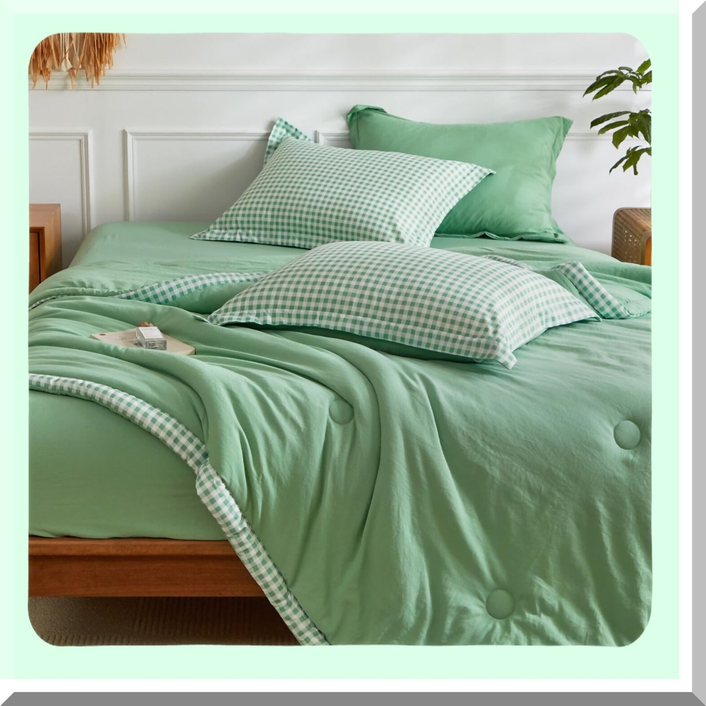 Green Buffalo Check Plaid 7-Piece Queen Comforter Set - Lightweight Soft Comforter with Pillow Shams and Sheets for Queen Size Bed