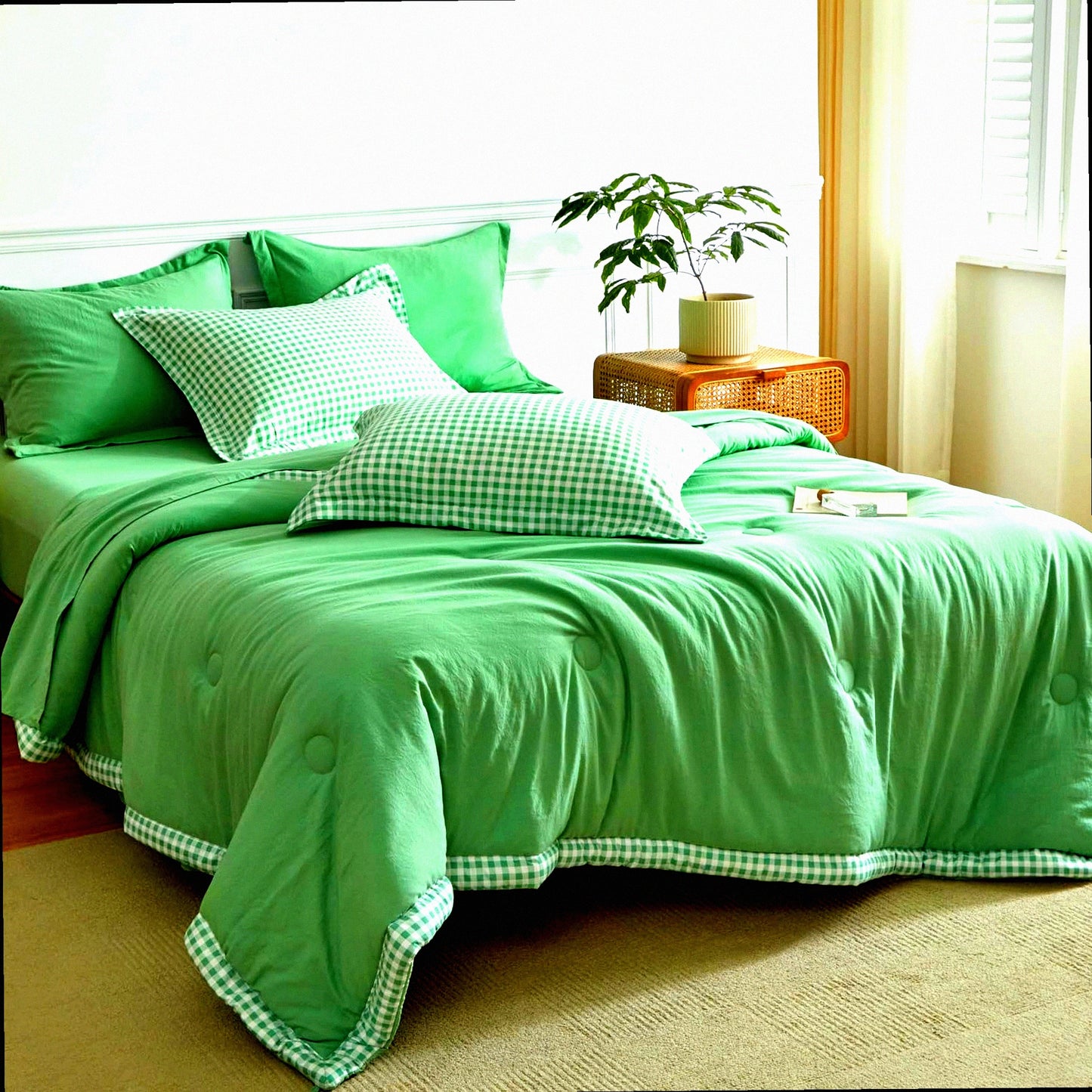 Green Buffalo Check Plaid 7-Piece Queen Comforter Set - Lightweight Soft Comforter with Pillow Shams and Sheets for Queen Size Bed
