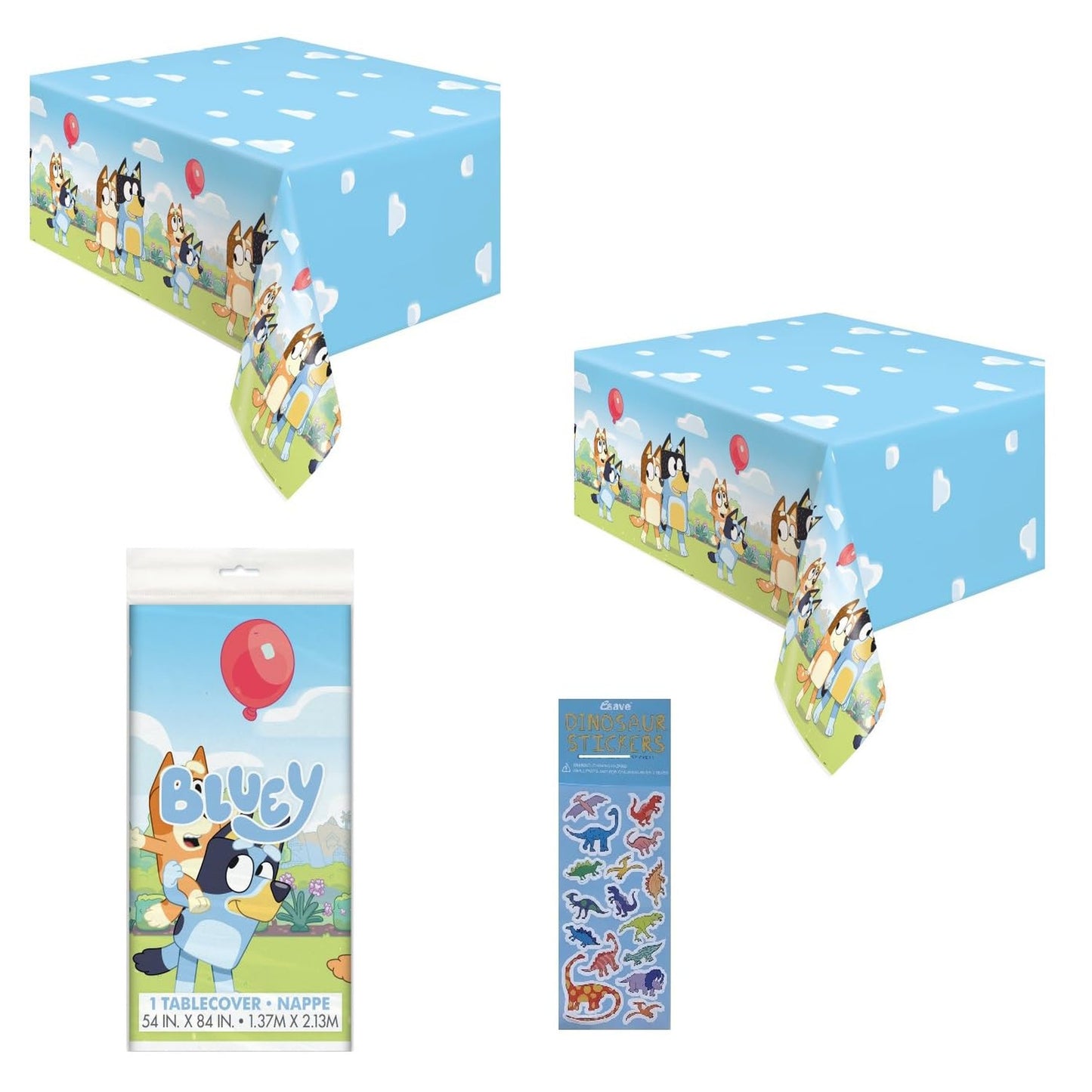 Bluey Dino Party Pack - 2 Table Covers & 1 Sticker Sheet - Perfect for Birthday Celebrations, Dinosaur Themed Parties, and More!