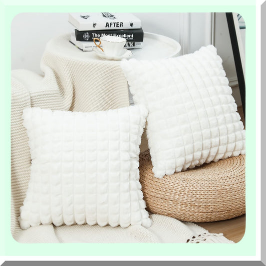 Luxury Plush Plaid Pillow Covers - Set of 2 24x24 Inch Modern Decorative Cushion Cases for Home Decor. Super Soft Texture for Sofa, Couch, Bed, Livingroom. White Farmhouse Style.