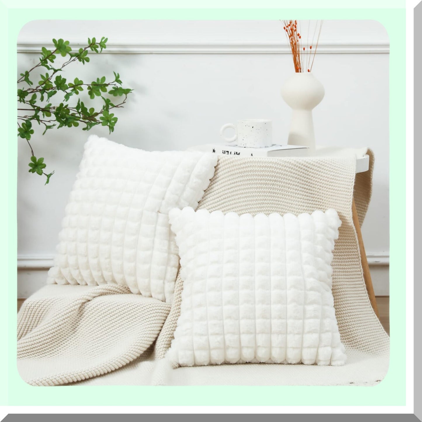 Luxury Plush Plaid Pillow Covers - Set of 2 24x24 Inch Modern Decorative Cushion Cases for Home Decor. Super Soft Texture for Sofa, Couch, Bed, Livingroom. White Farmhouse Style.