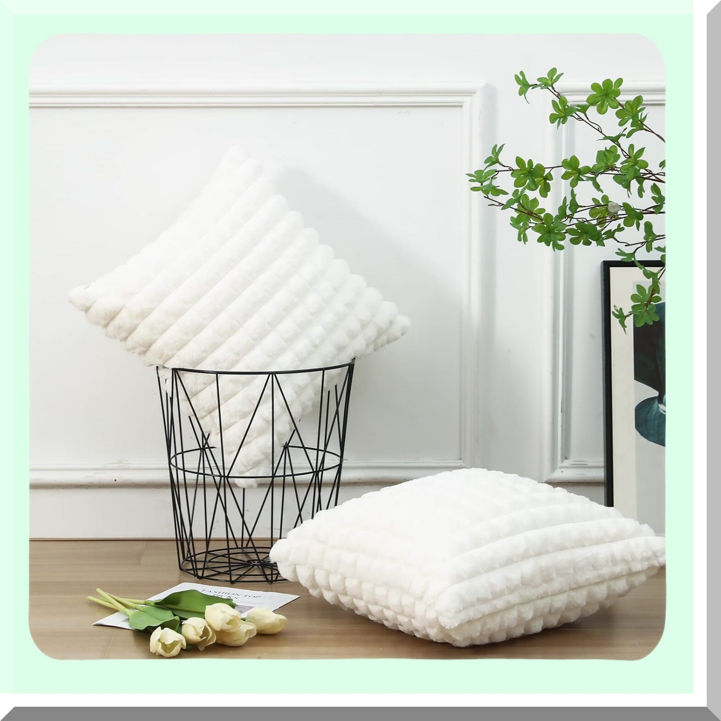 Luxury Plush Plaid Pillow Covers - Set of 2 24x24 Inch Modern Decorative Cushion Cases for Home Decor. Super Soft Texture for Sofa, Couch, Bed, Livingroom. White Farmhouse Style.