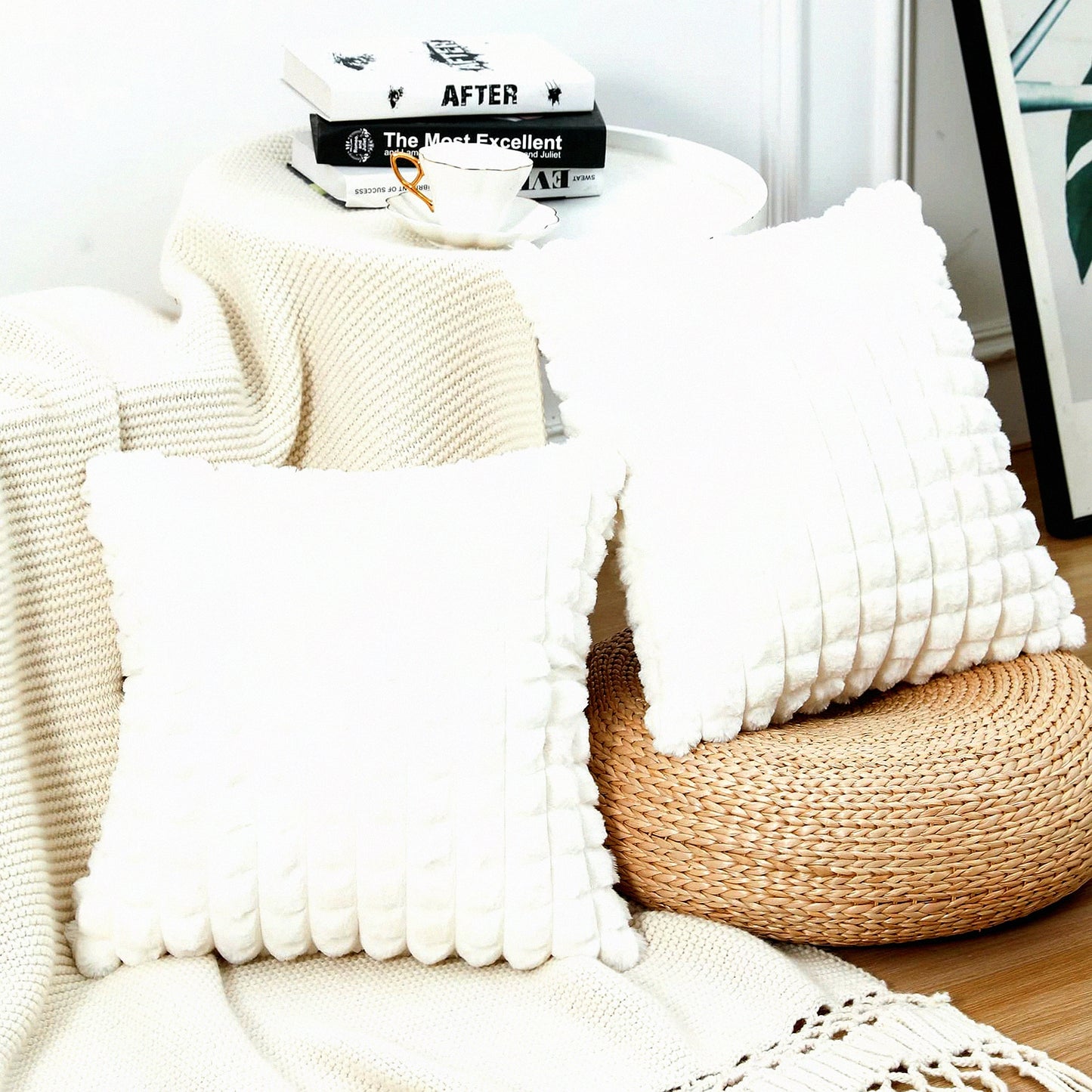 Luxury Plush Plaid Pillow Covers - Set of 2 24x24 Inch Modern Decorative Cushion Cases for Home Decor. Super Soft Texture for Sofa, Couch, Bed, Livingroom. White Farmhouse Style.