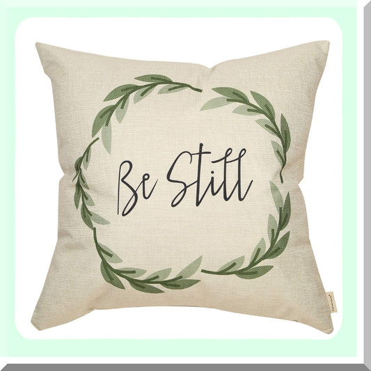 Vintage Farmhouse Be Still Green Olive Wreath Decorative Pillow Case - Rustic Spring Summer Home Decor Cushion Cover for Sofa Couch, 18 x 18 in