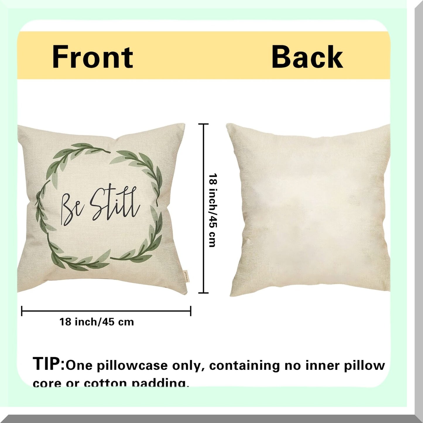 Vintage Farmhouse Be Still Green Olive Wreath Decorative Pillow Case - Rustic Spring Summer Home Decor Cushion Cover for Sofa Couch, 18 x 18 in