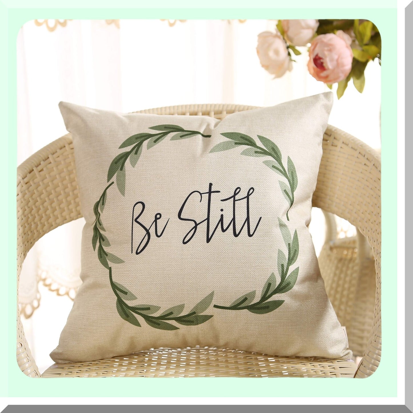 Vintage Farmhouse Be Still Green Olive Wreath Decorative Pillow Case - Rustic Spring Summer Home Decor Cushion Cover for Sofa Couch, 18 x 18 in