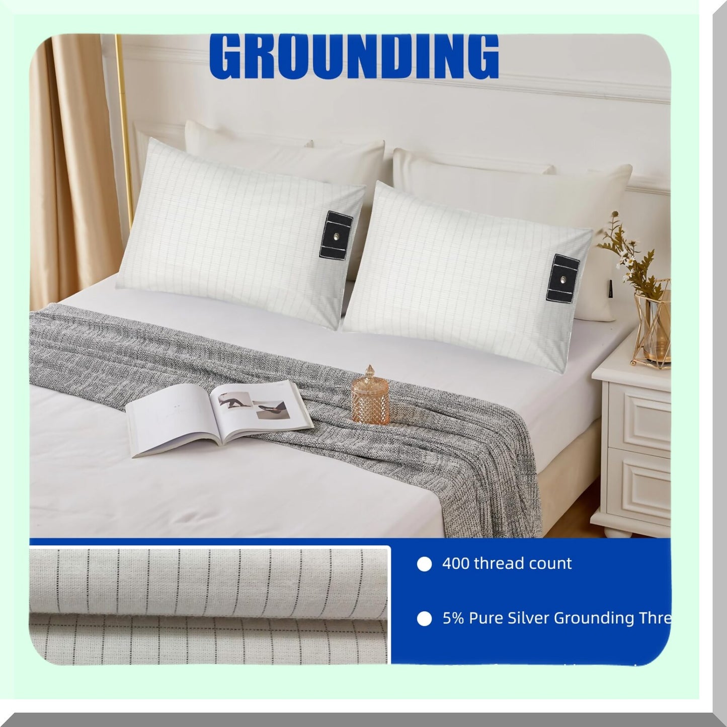 Grounding Comfort Cotton Pillowcase Set - Inflammation Reduction Sleep Therapy - Conductive Pillow Cover with Grounding Cord - 2PCS 20"30"