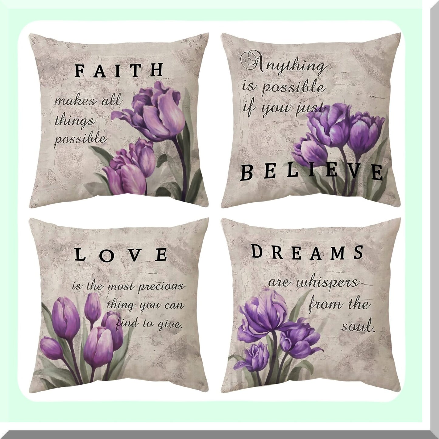Linen Floral Throw Pillow Set - Purple Tulip Decorative Cushion Covers 18x18 for Couch Sofa & Patio Furniture. Farmhouse Modern Home Decor Accent.