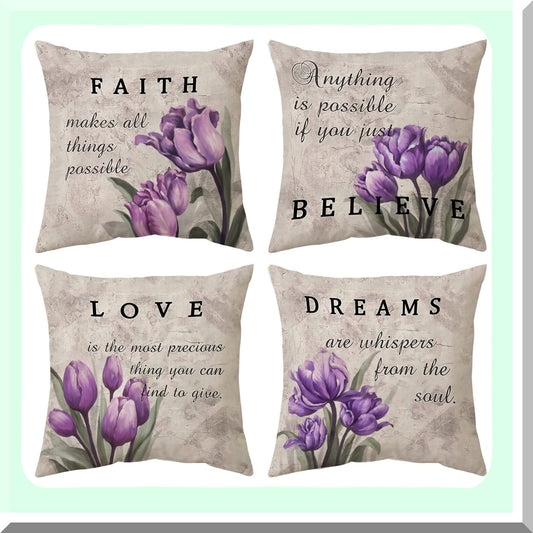Linen Floral Throw Pillow Set - Purple Tulip Decorative Cushion Covers 18x18 for Couch Sofa & Patio Furniture. Farmhouse Modern Home Decor Accent.