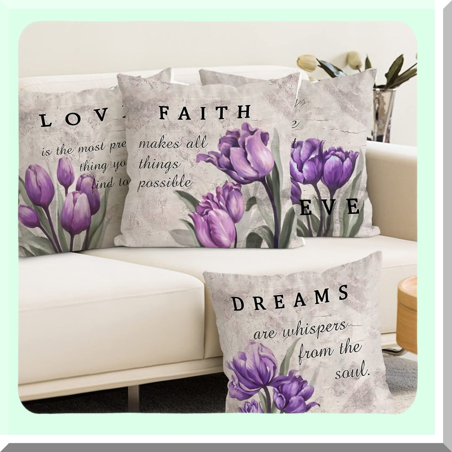 Linen Floral Throw Pillow Set - Purple Tulip Decorative Cushion Covers 18x18 for Couch Sofa & Patio Furniture. Farmhouse Modern Home Decor Accent.