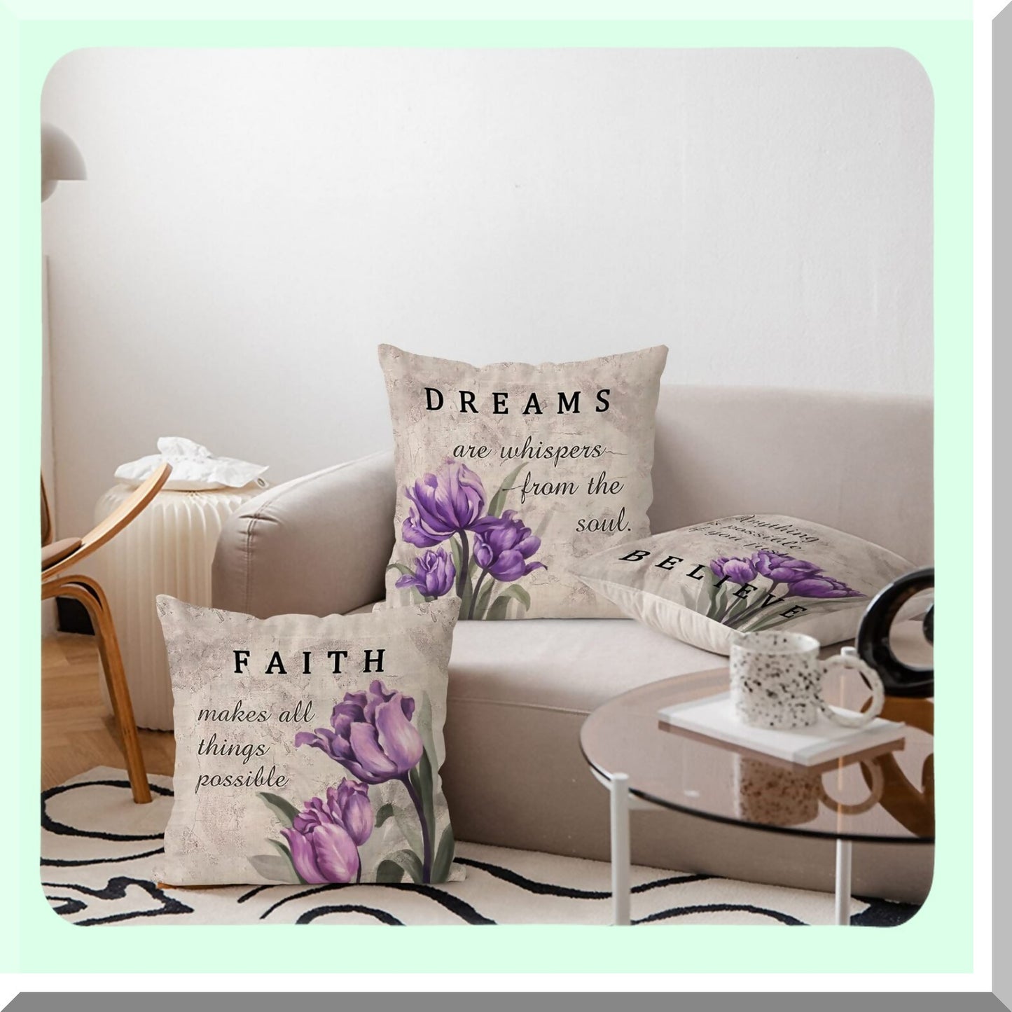 Linen Floral Throw Pillow Set - Purple Tulip Decorative Cushion Covers 18x18 for Couch Sofa & Patio Furniture. Farmhouse Modern Home Decor Accent.