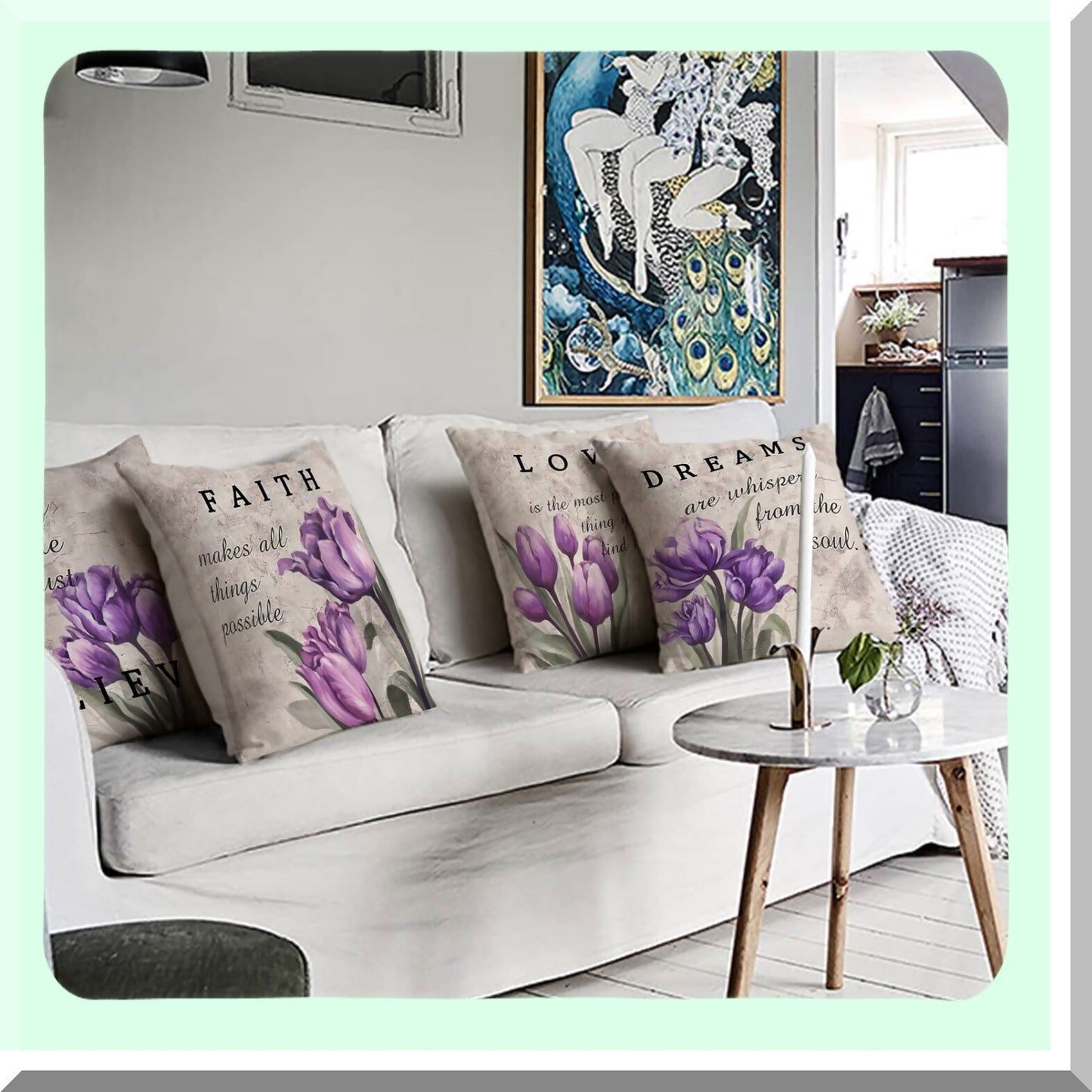 Linen Floral Throw Pillow Set - Purple Tulip Decorative Cushion Covers 18x18 for Couch Sofa & Patio Furniture. Farmhouse Modern Home Decor Accent.