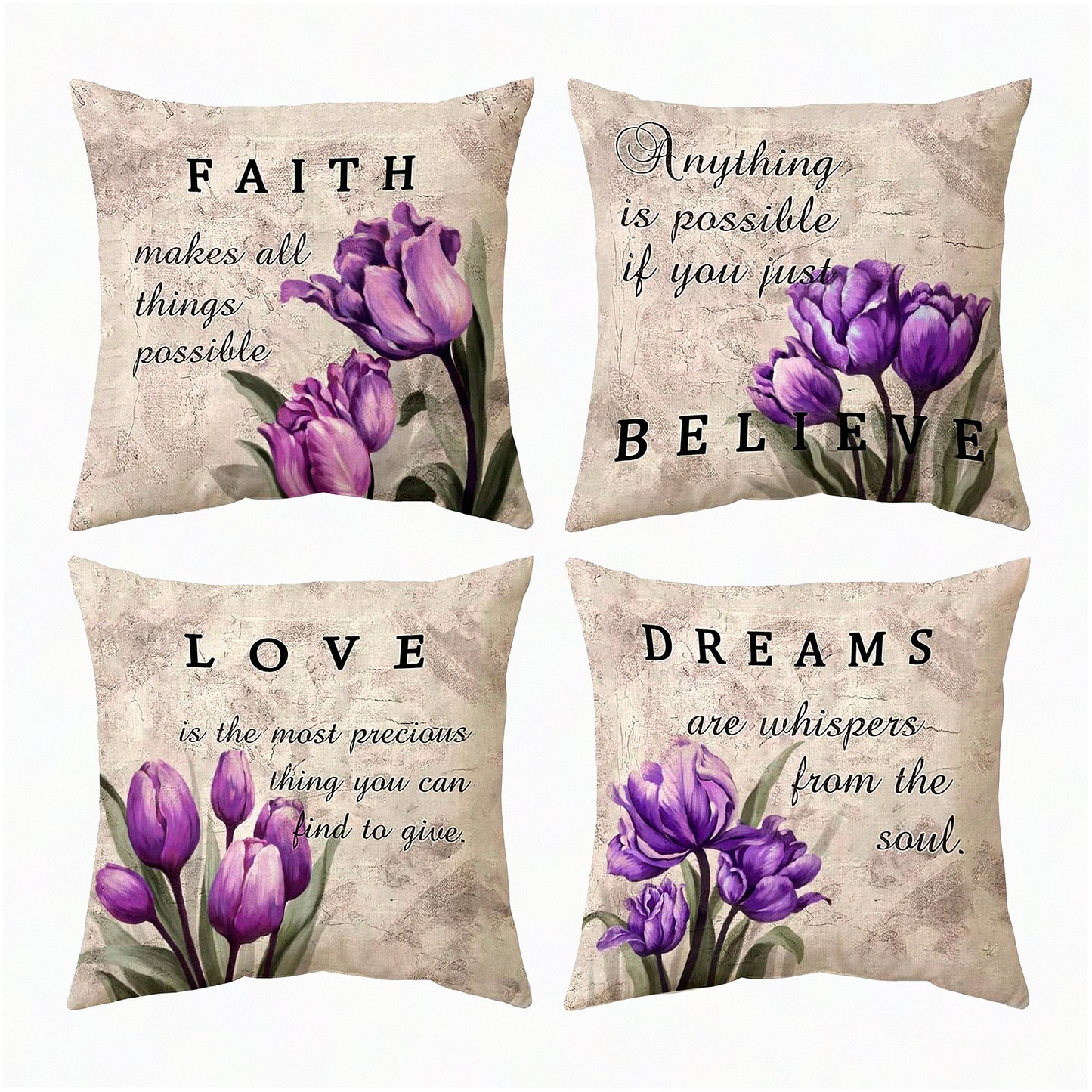 Linen Floral Throw Pillow Set - Purple Tulip Decorative Cushion Covers 18x18 for Couch Sofa & Patio Furniture. Farmhouse Modern Home Decor Accent.