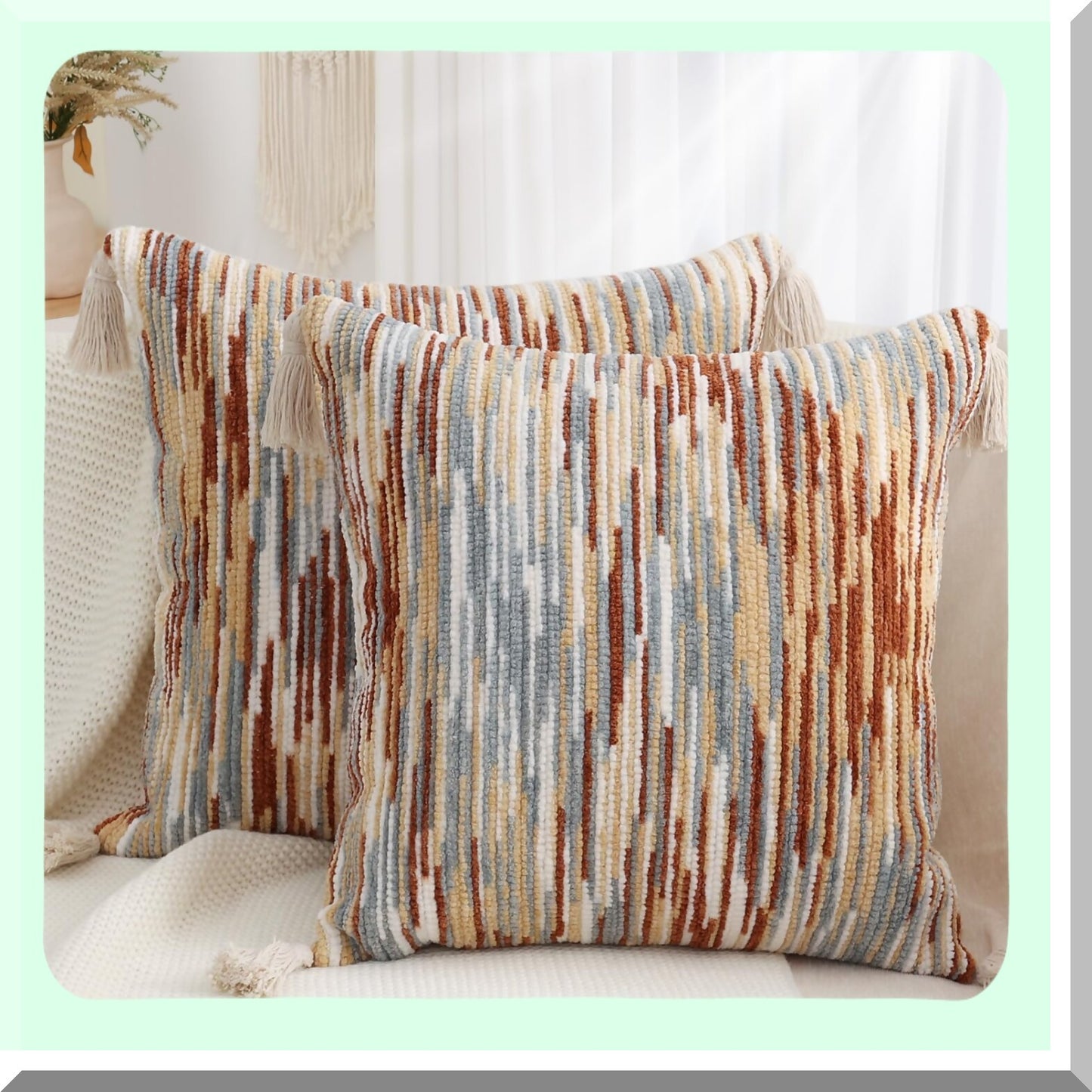 Rustic Boho Tufted Pillow Covers - Set of 2 18x18 Farmhouse Decorative Cushion Covers with Tels for Cozy Bohemian Home Decor - Couch Sofa Bedroom