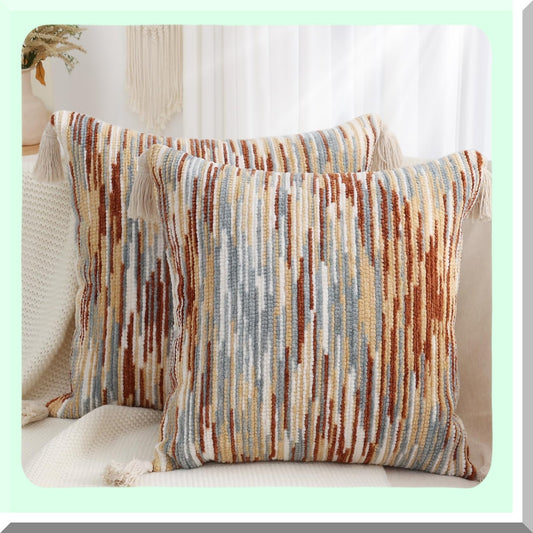 Rustic Boho Tufted Pillow Covers - Set of 2 18x18 Farmhouse Decorative Cushion Covers with Tels for Cozy Bohemian Home Decor - Couch Sofa Bedroom