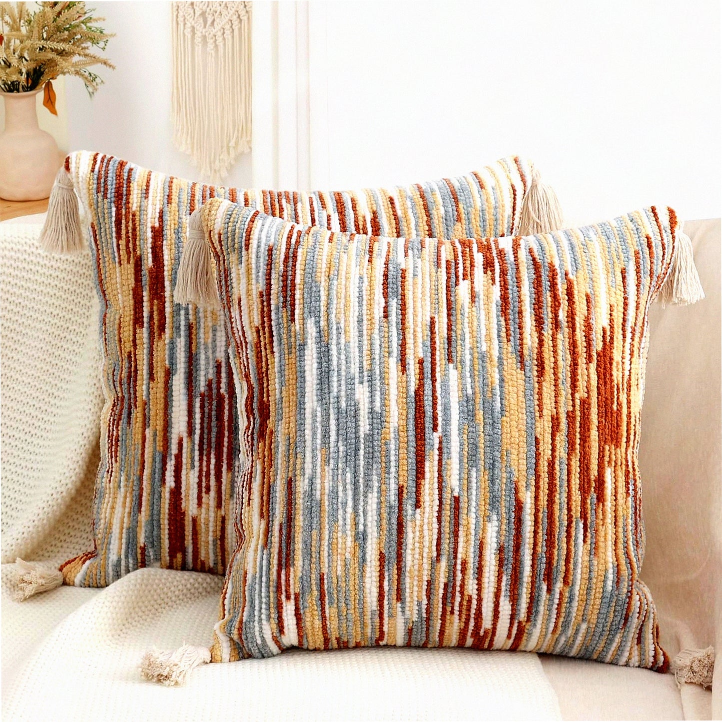 Rustic Boho Tufted Pillow Covers - Set of 2 18x18 Farmhouse Decorative Cushion Covers with Tels for Cozy Bohemian Home Decor - Couch Sofa Bedroom