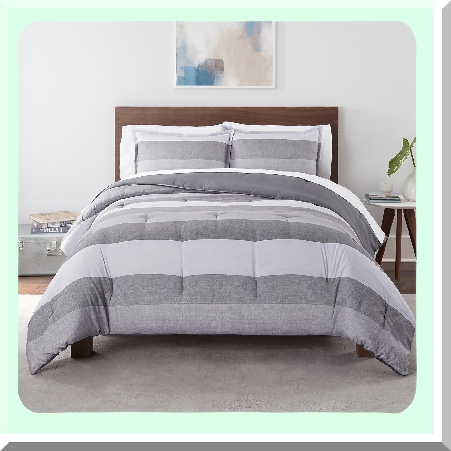 BillySoft Comforter Set - Modern Jersey Striped Bedding for All Seasons - Full/Queen Size - Simply Clean Design - Grey Color - 3 Piece Set with Pillow Case