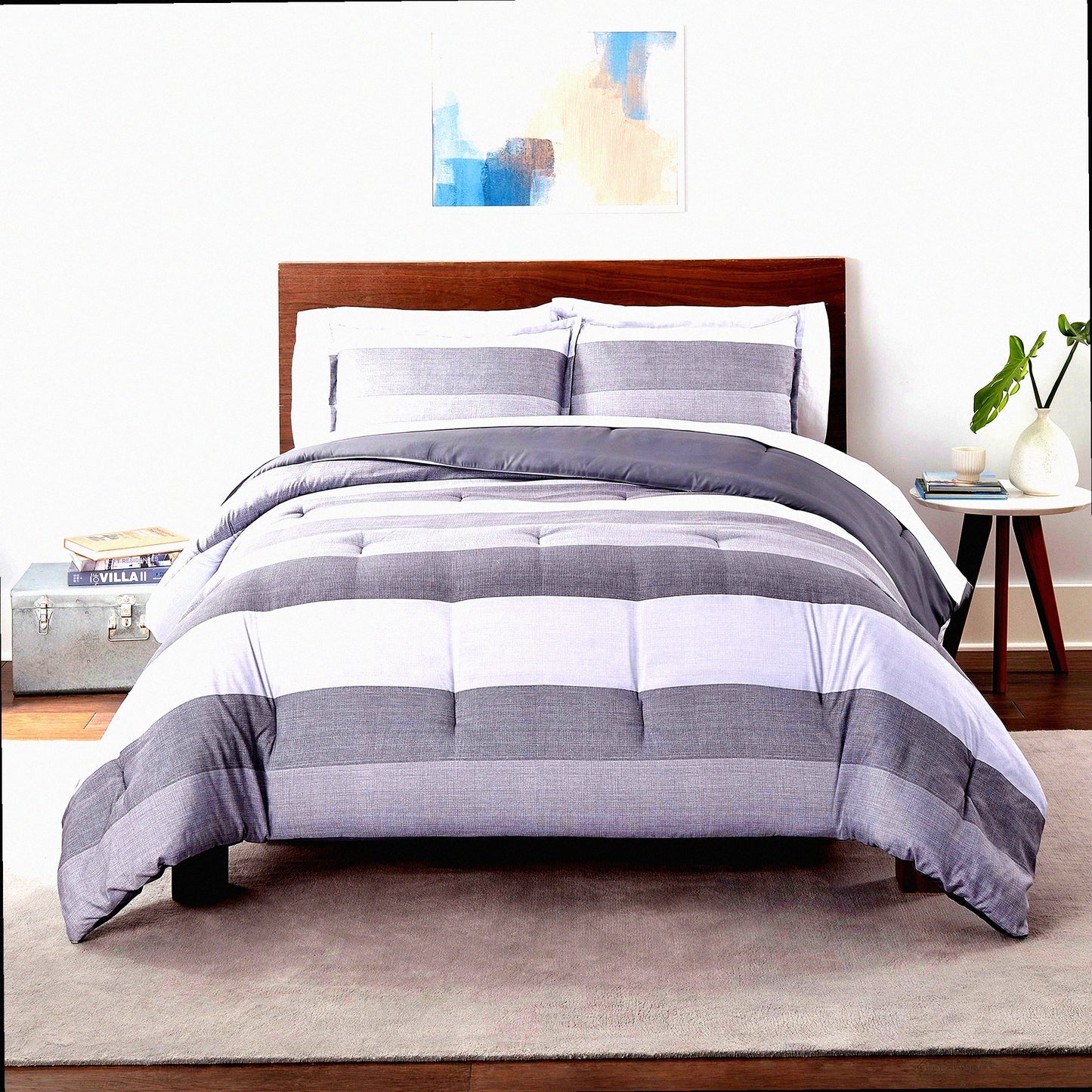 BillySoft Comforter Set - Modern Jersey Striped Bedding for All Seasons - Full/Queen Size - Simply Clean Design - Grey Color - 3 Piece Set with Pillow Case