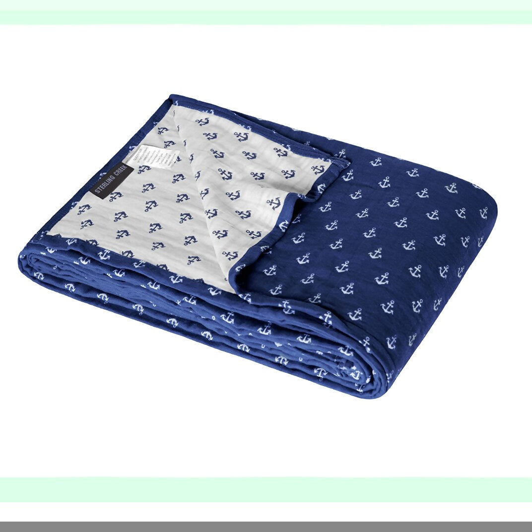 Seabreeze Triple-Layer Muslin Cotton Blanket - Lightweight & Breathable All-Season Twin, Navy