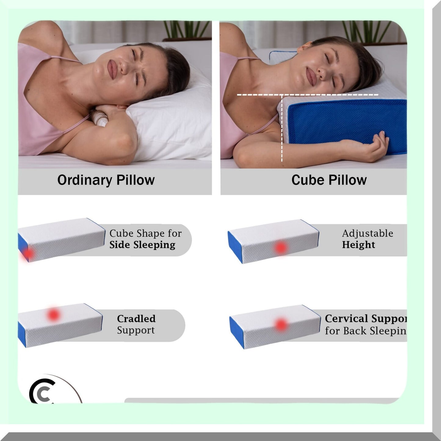 CoolCube Memory Foam Pillow - Adjustable Support for Side Sleepers, Cooling Ventilation for Neck & Shoulder Pain Relief, Square Shape for Sleeping, Cervical Support for Back Sleepers