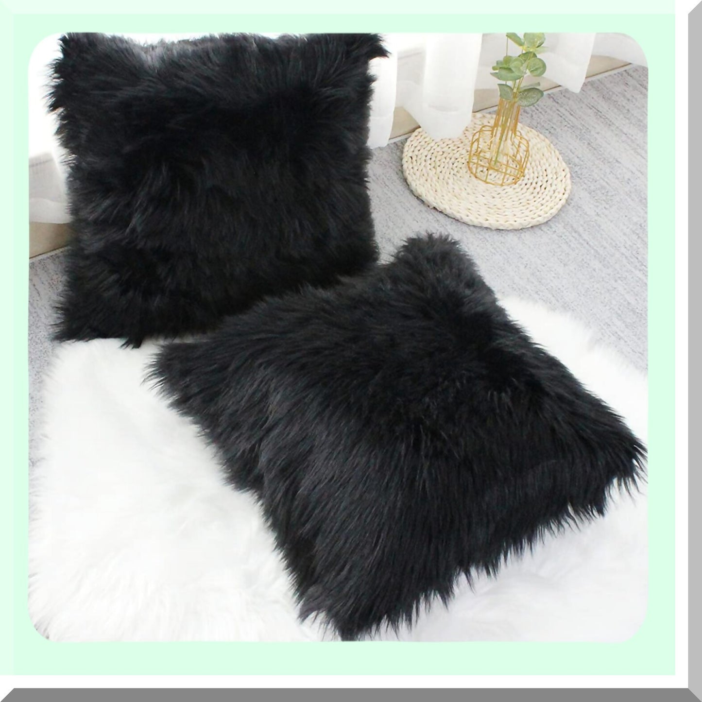 Luxury Farmhouse Plush Black Pillow Covers - Set of 2 | Soft Fuzzy Decorative Throw Cushion Cases for Sofa Couch & Bedroom 24x24