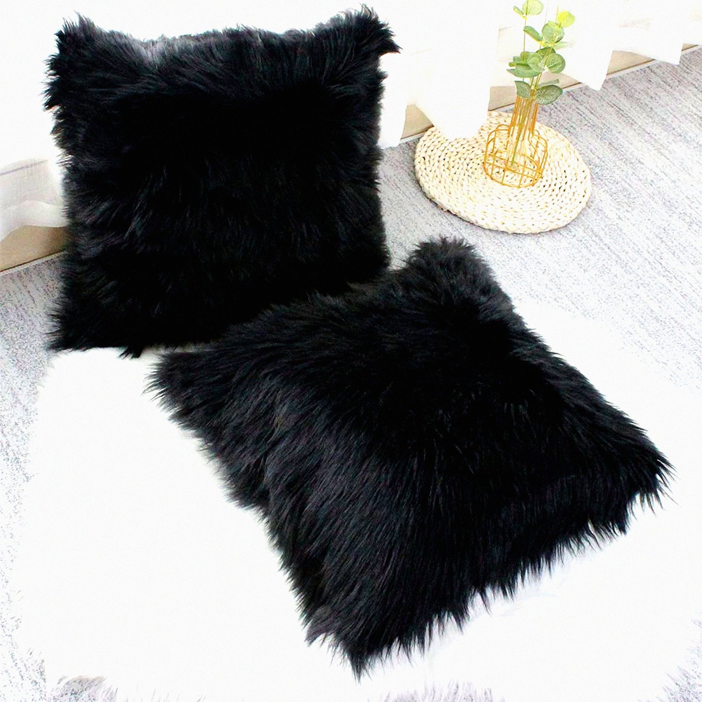 Luxury Farmhouse Plush Black Pillow Covers - Set of 2 | Soft Fuzzy Decorative Throw Cushion Cases for Sofa Couch & Bedroom 24x24
