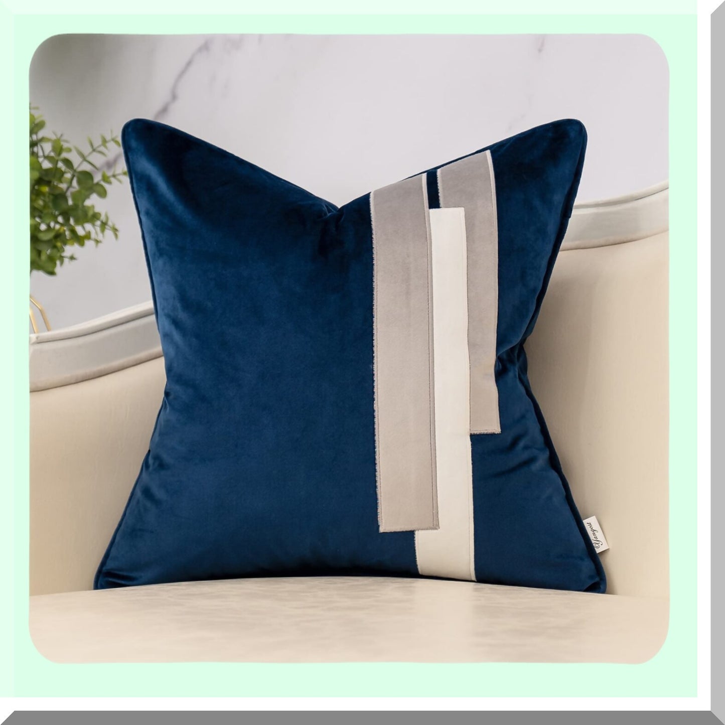 Navy Blue Striped Velvet Patchwork Pillowcase - Modern Decorative Cushion Cover for Sofa Couch & Bedroom - 18x18 Inch Home Decor Accent