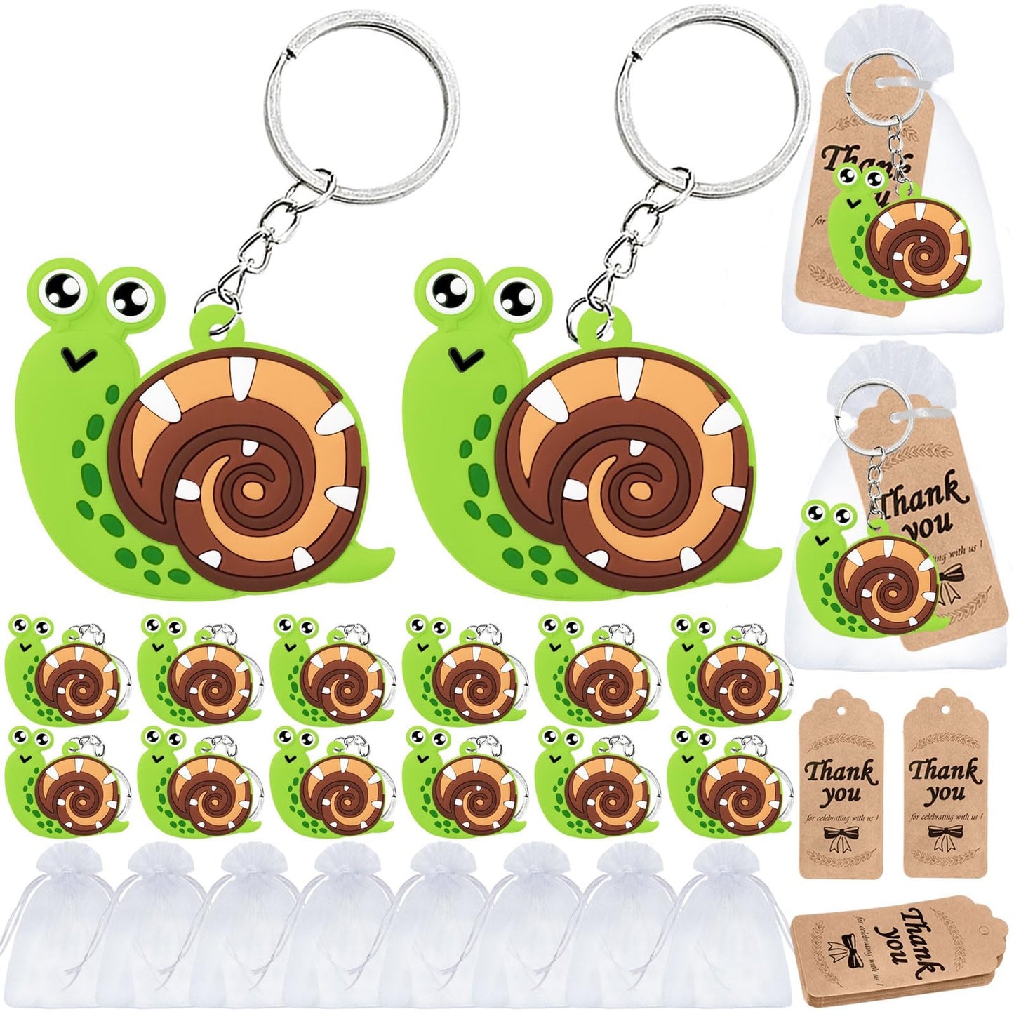 Snail Adventure Pack: 60 Snail Party Favors - Keychains, Tags, Gift Bags for Safari, Jungle, Themed Kids Birthday, Wild ONE Celebration