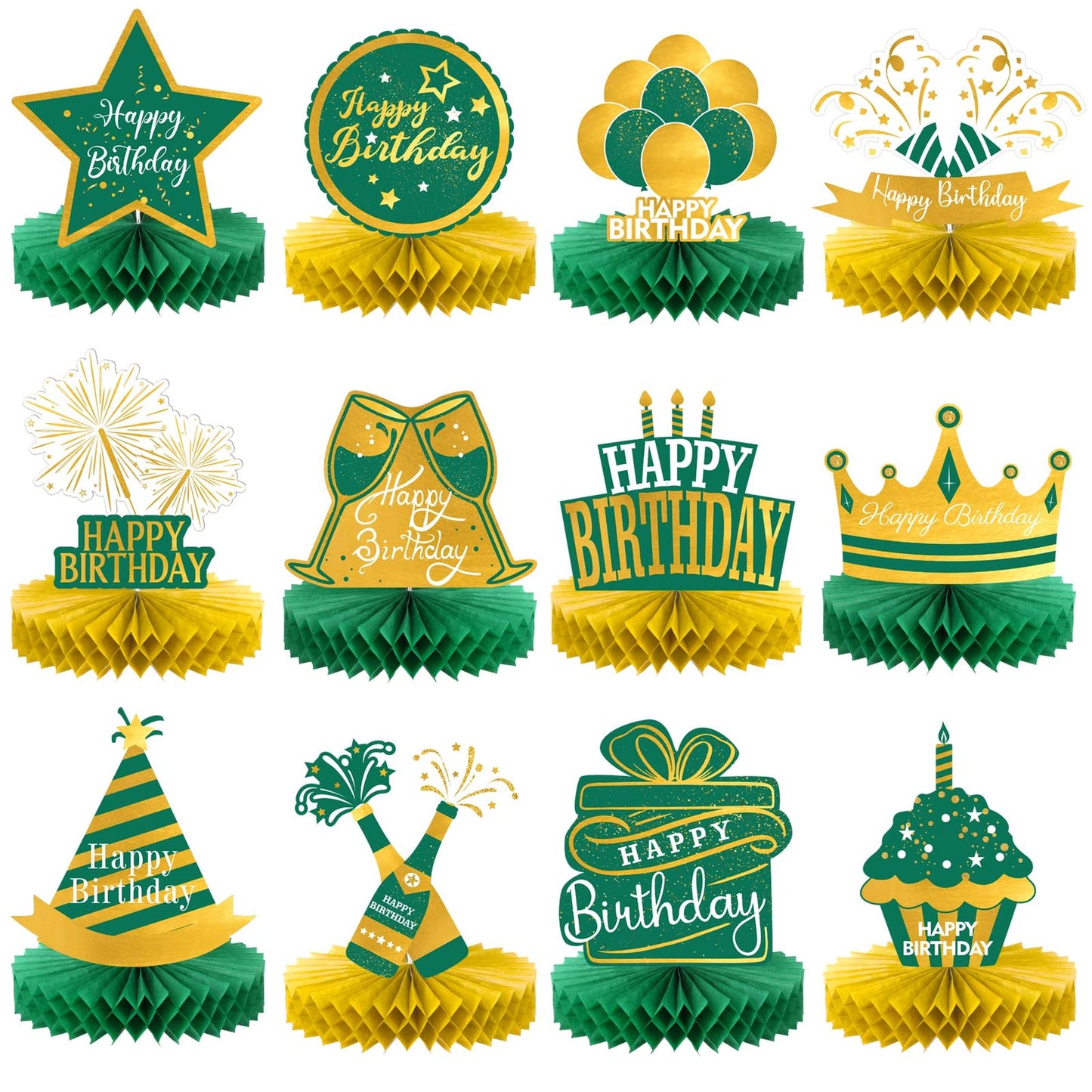 Happy Birthday Crown Centerpieces - Green & Gold Honeycomb Decor Set for Men, Women, Kids Party. 12-Piece Royal Table Decorations with Balloons & Paper