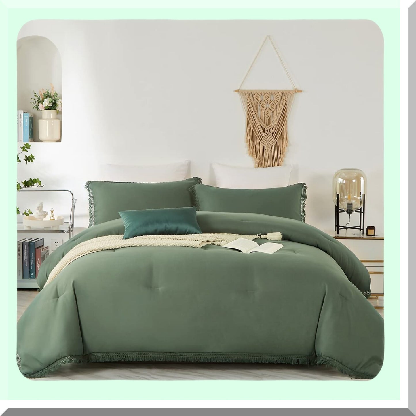 Boho Green Comforter Set - Shabby Chic Farmhouse Bedding - Microfiber Aesthetic 3-Piece Bed Set - Gifts for Women and Men - Includes Comforter and Pillowcases