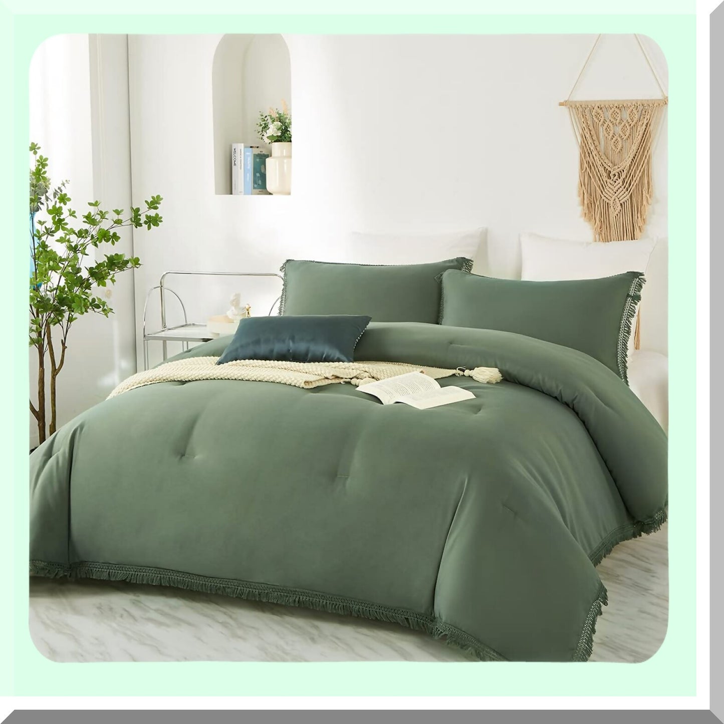 Boho Green Comforter Set - Shabby Chic Farmhouse Bedding - Microfiber Aesthetic 3-Piece Bed Set - Gifts for Women and Men - Includes Comforter and Pillowcases