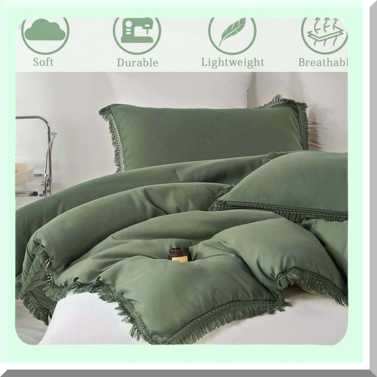 Boho Green Comforter Set - Shabby Chic Farmhouse Bedding - Microfiber Aesthetic 3-Piece Bed Set - Gifts for Women and Men - Includes Comforter and Pillowcases