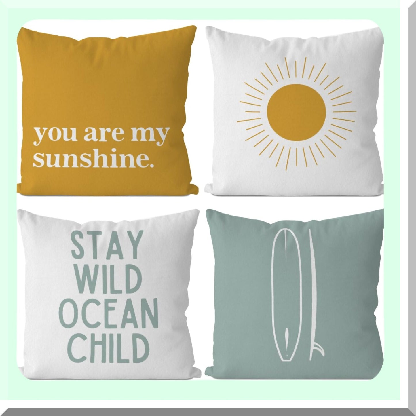Ocean Child Boho Surf Throw Pillow Cover Set - Coastal Sunshine Cushion Nursery Decoration - Beach Decorative Pillowcase for Nursery Decor - 18x18 Inch, Pack of 4