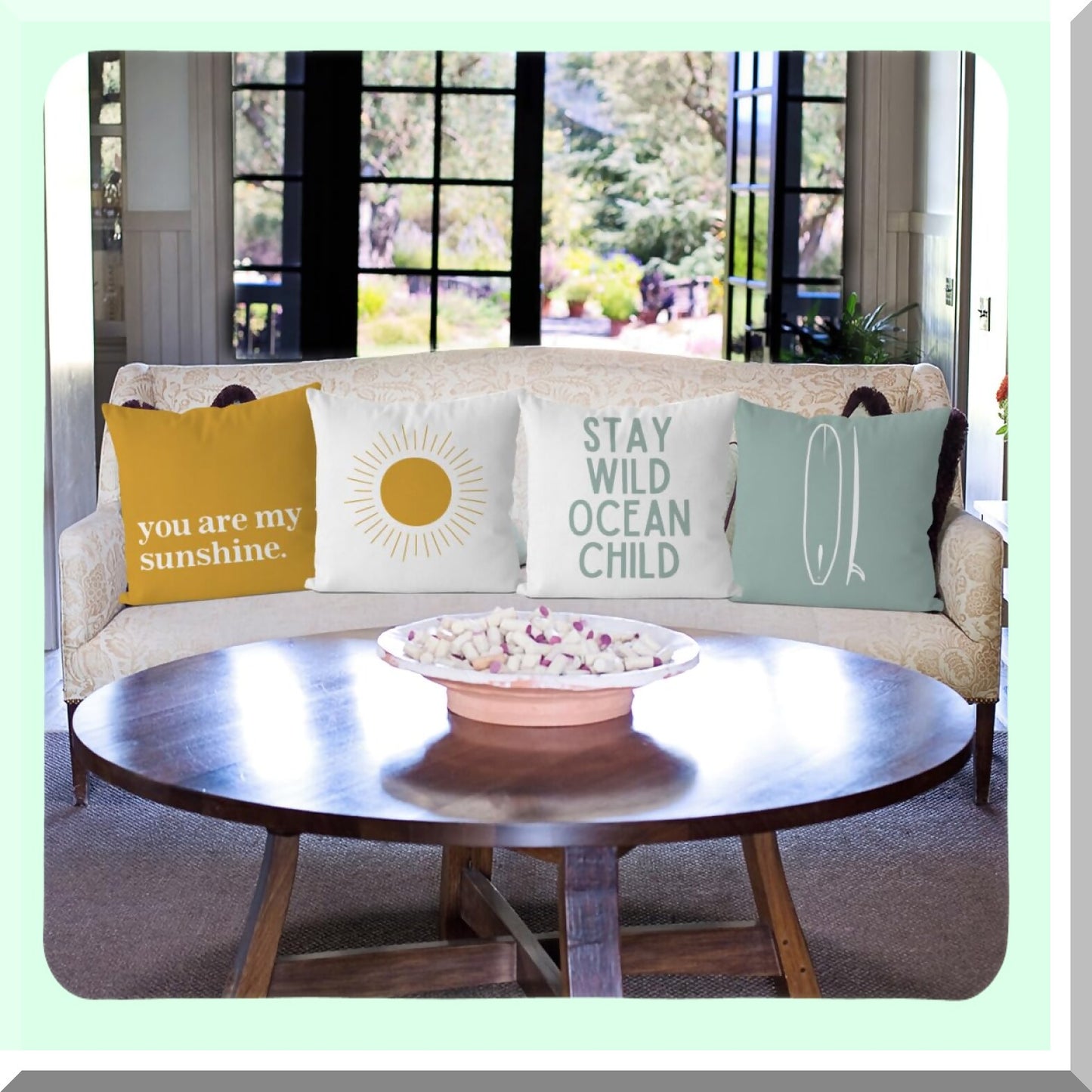 Ocean Child Boho Surf Throw Pillow Cover Set - Coastal Sunshine Cushion Nursery Decoration - Beach Decorative Pillowcase for Nursery Decor - 18x18 Inch, Pack of 4