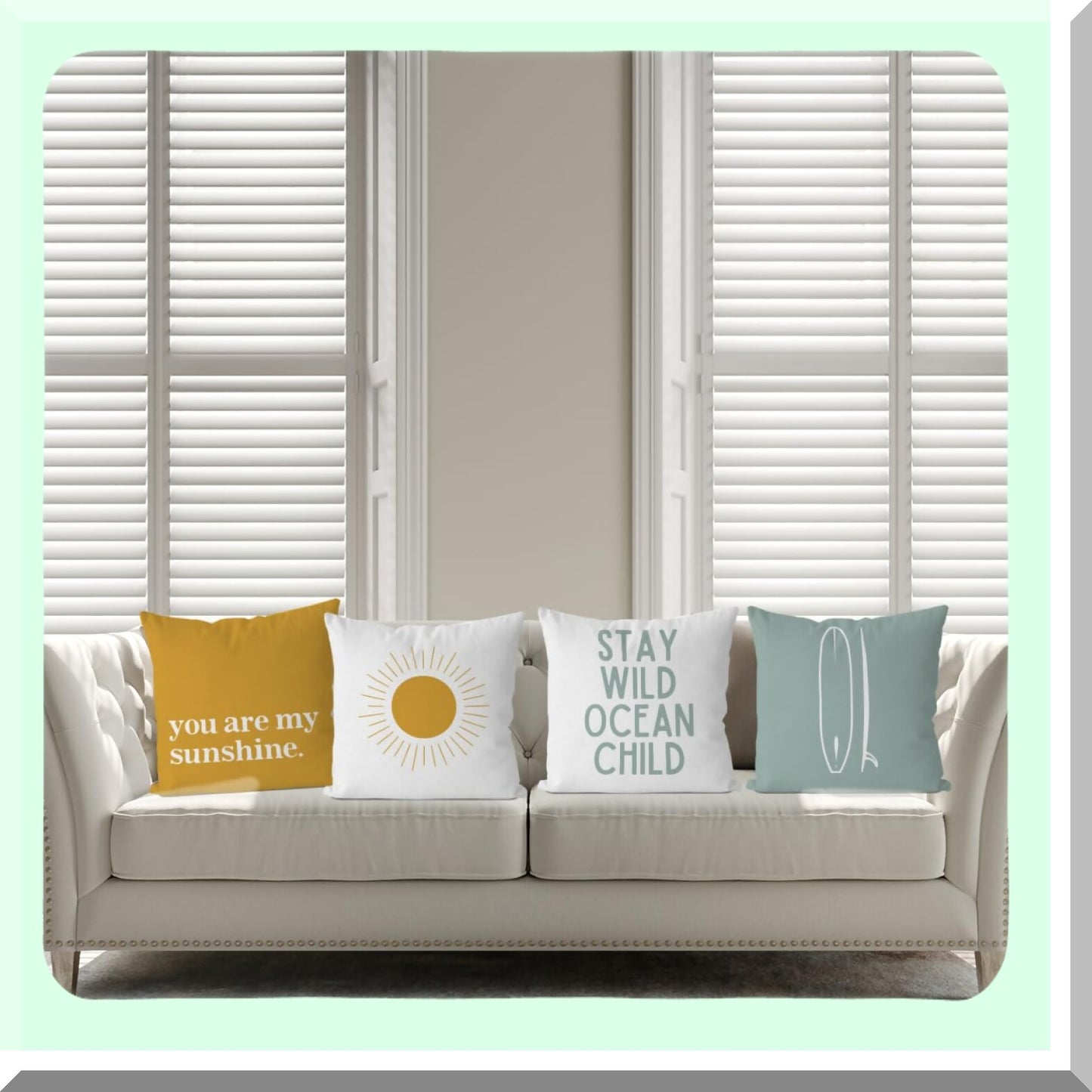 Ocean Child Boho Surf Throw Pillow Cover Set - Coastal Sunshine Cushion Nursery Decoration - Beach Decorative Pillowcase for Nursery Decor - 18x18 Inch, Pack of 4