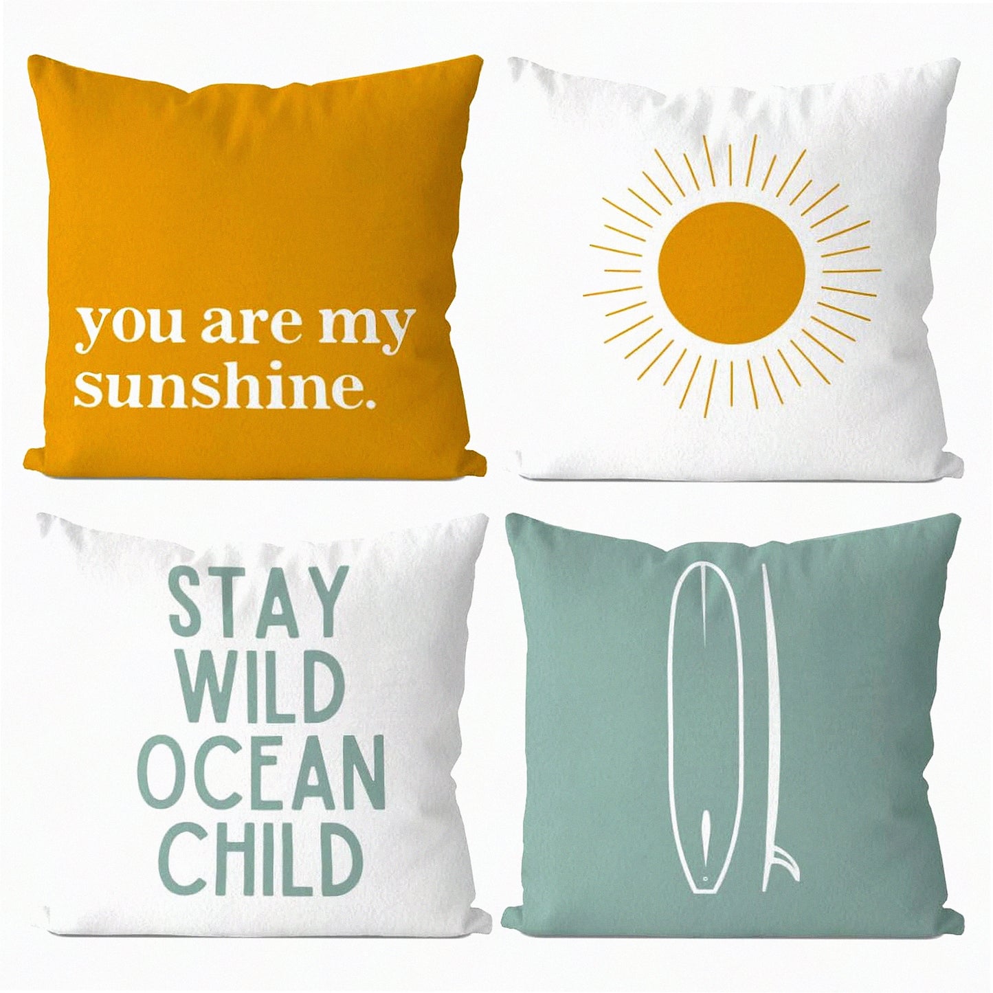 Ocean Child Boho Surf Throw Pillow Cover Set - Coastal Sunshine Cushion Nursery Decoration - Beach Decorative Pillowcase for Nursery Decor - 18x18 Inch, Pack of 4