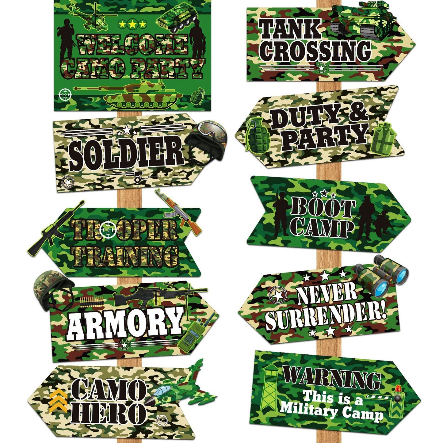 Camo Blast Party Pack - 20 Camo Signs for Boys Birthday Decorations. Military Themed Outdoor Indoor Decor with 10 Styles to choose from!