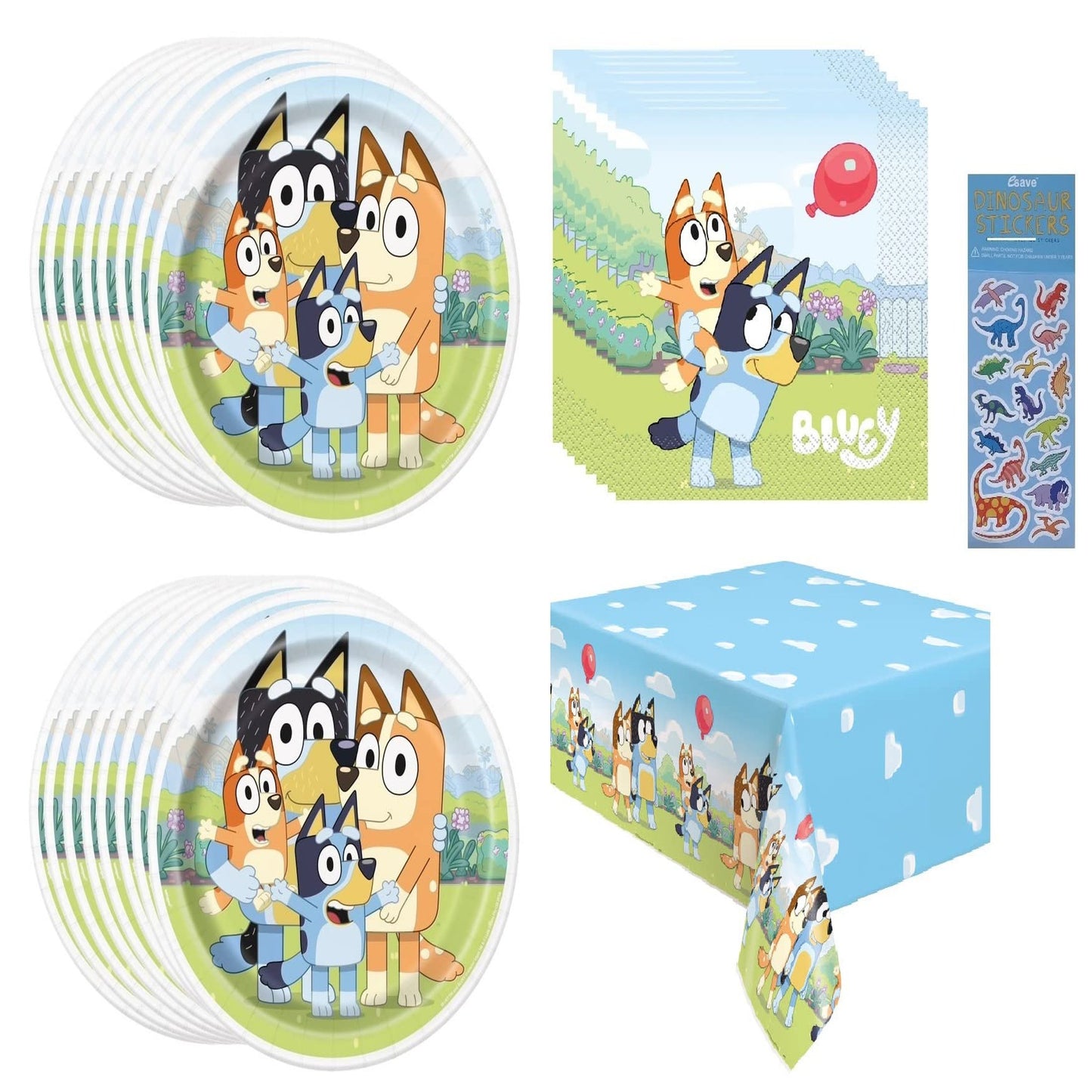 Bluey Dino Party Pack - 16 Lunch Plates, 16 Napkins, Table Cover, Dino Sticker Sheet - Birthday Supplies Bundle for 16 Guests - Dinosaur Theme
