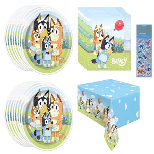 Bluey Dino Party Pack - 16 Lunch Plates, 16 Napkins, Table Cover, Dino Sticker Sheet - Birthday Supplies Bundle for 16 Guests - Dinosaur Theme