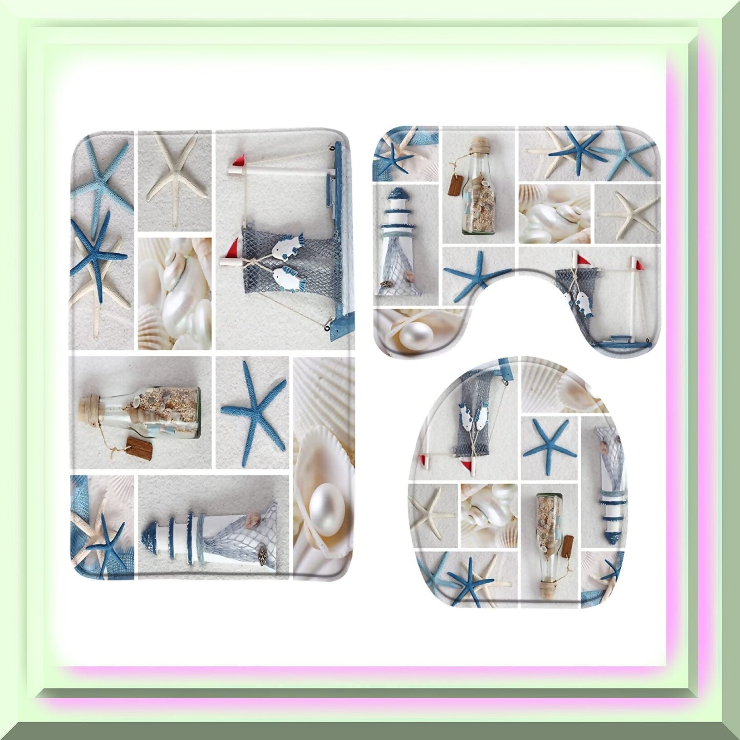 Nautical Memory Foam Bath Rug Set 3 Pieces Blue White