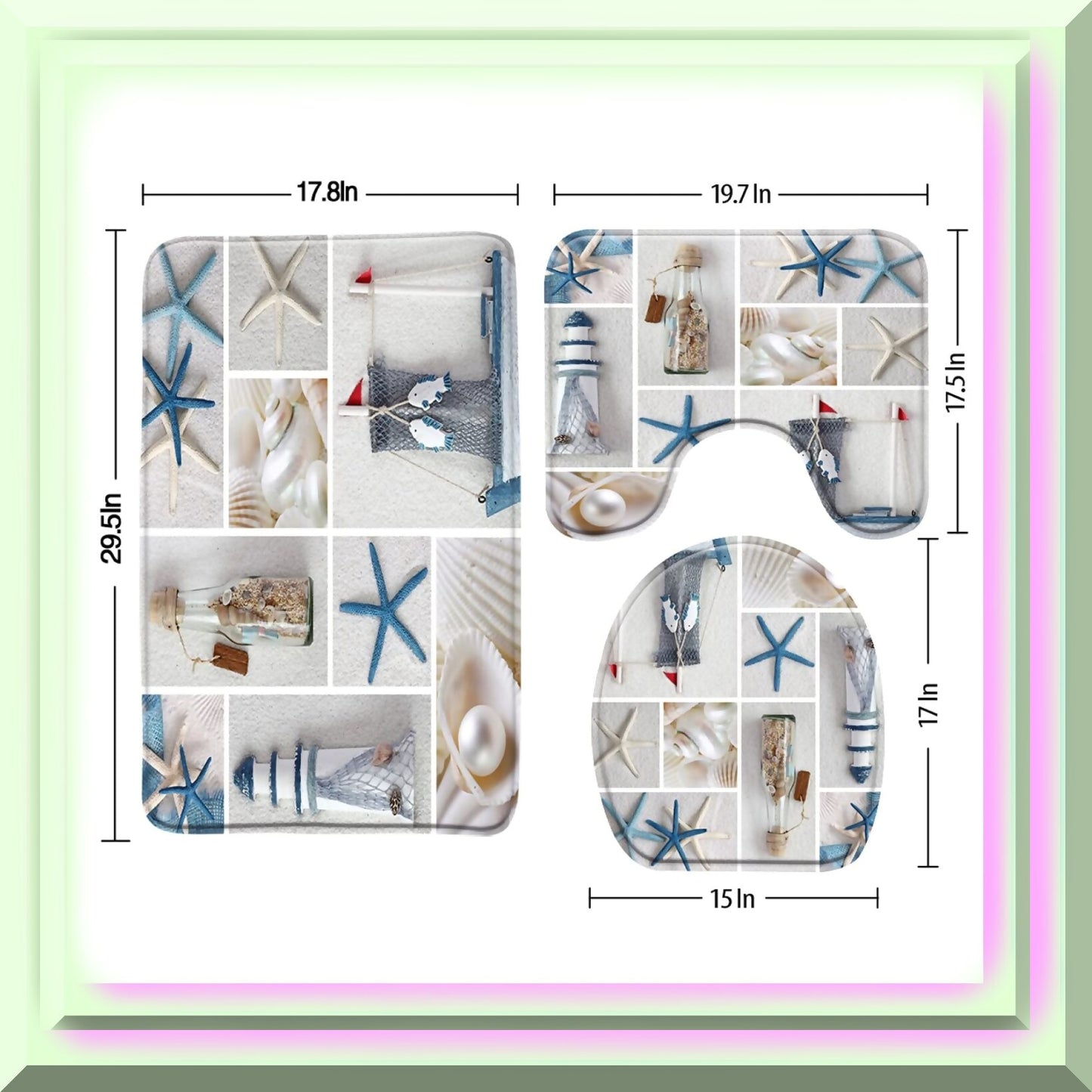 Nautical Memory Foam Bath Rug Set 3 Pieces Blue White