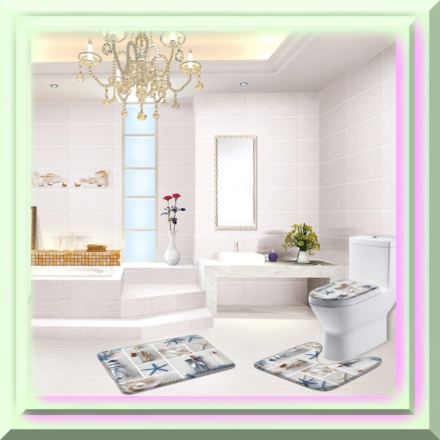 Nautical Memory Foam Bath Rug Set 3 Pieces Blue White