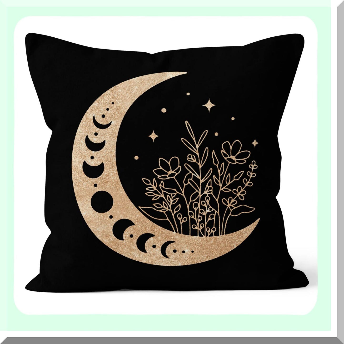 Moonlit Boho Floral Decor Pillowcase - 18x18 Inch Throw Pillow Cover for Sofa Bed, Modern Crescent Moon & Stars Design, Home Bohemian Decor Accent