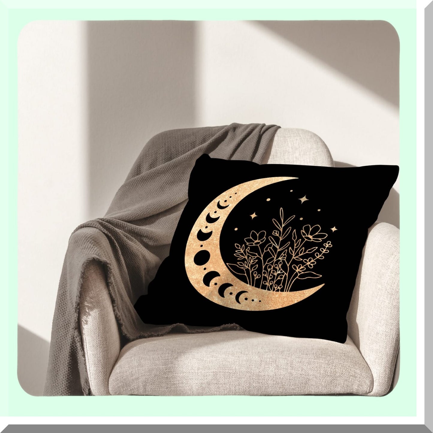 Moonlit Boho Floral Decor Pillowcase - 18x18 Inch Throw Pillow Cover for Sofa Bed, Modern Crescent Moon & Stars Design, Home Bohemian Decor Accent