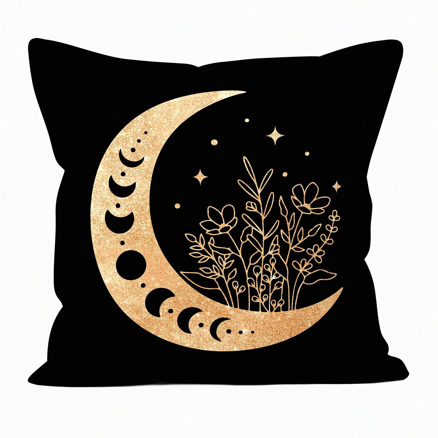 Moonlit Boho Floral Decor Pillowcase - 18x18 Inch Throw Pillow Cover for Sofa Bed, Modern Crescent Moon & Stars Design, Home Bohemian Decor Accent