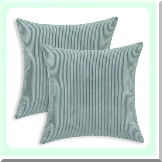 Ultra Soft Corduroy Striped Throw Pillow Covers - Set of 2 Cozy Cases for Couch Bed Sofa, 18x18 Inches, Duck Egg Blue - Decorative Cushion Cover