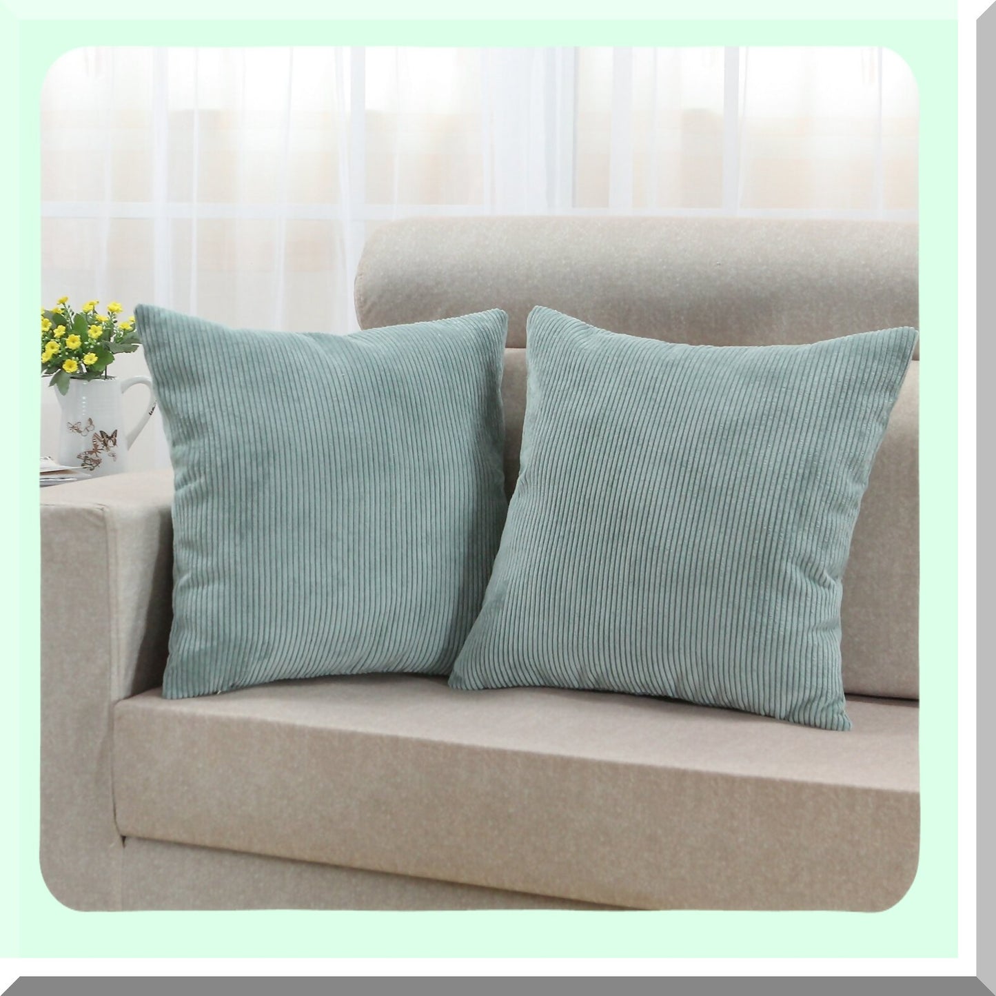 Ultra Soft Corduroy Striped Throw Pillow Covers - Set of 2 Cozy Cases for Couch Bed Sofa, 18x18 Inches, Duck Egg Blue - Decorative Cushion Cover