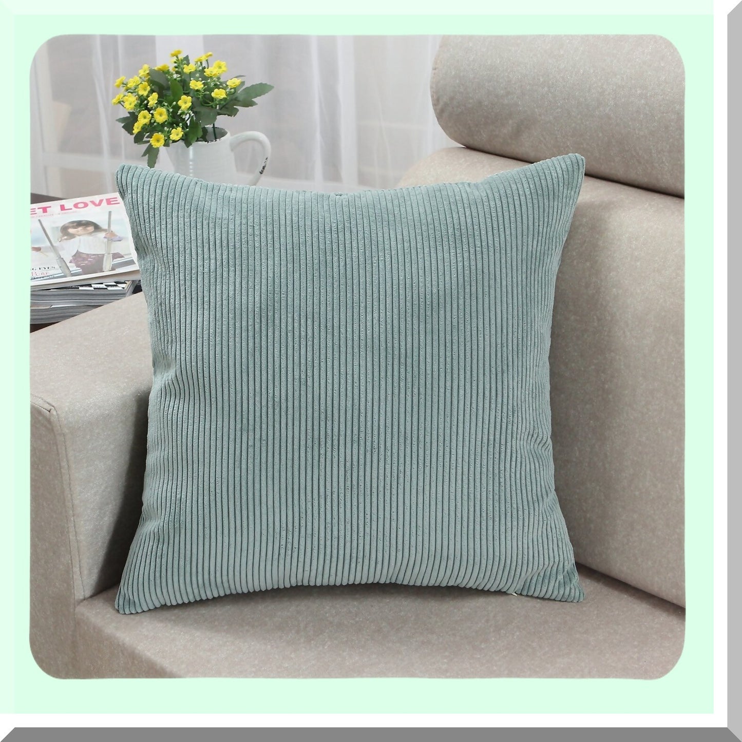 Ultra Soft Corduroy Striped Throw Pillow Covers - Set of 2 Cozy Cases for Couch Bed Sofa, 18x18 Inches, Duck Egg Blue - Decorative Cushion Cover